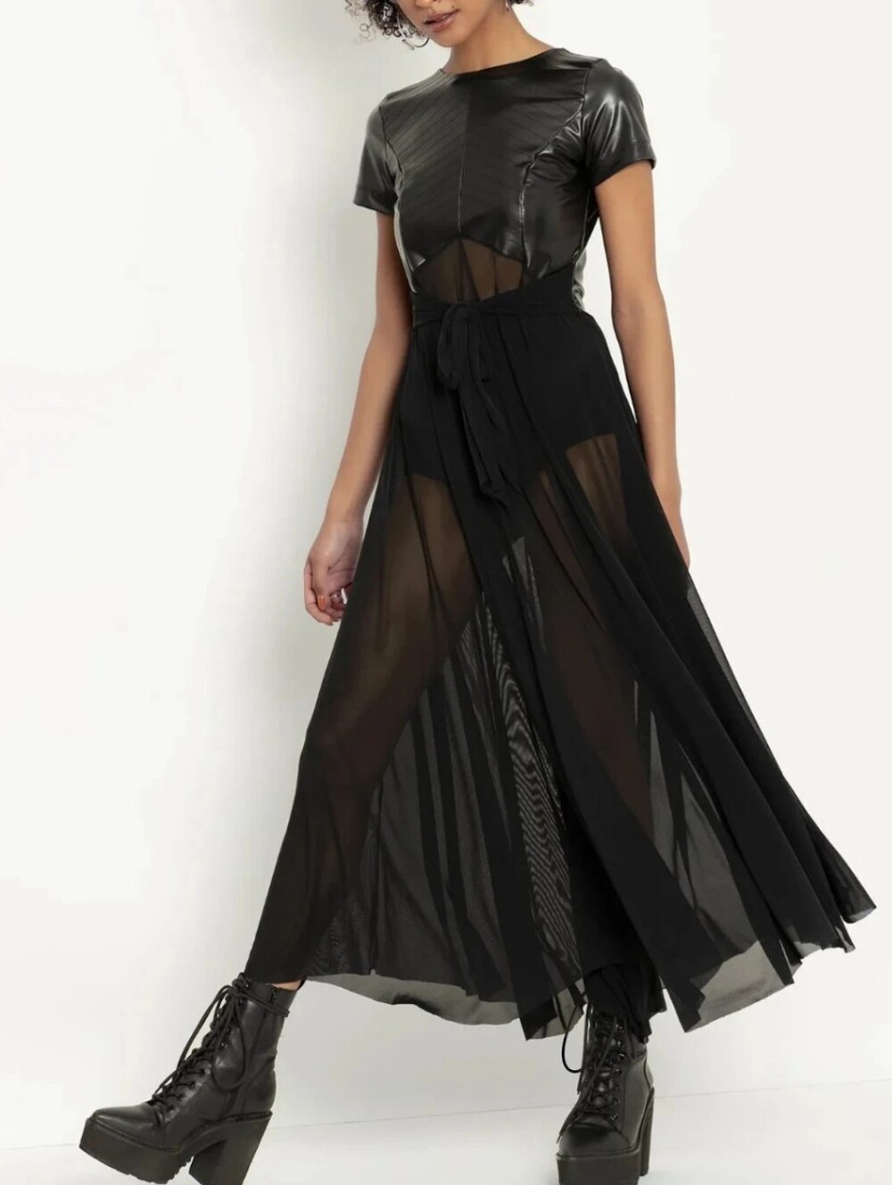 Blackmilk Mixed Media Faux Leather & Sheet Mesh Black Moto Midaxi Dress XL